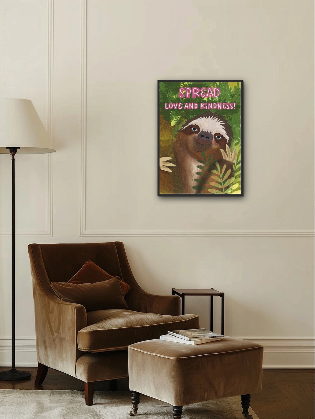 Dutton the Whimsical Sloth - large 24 x 36 framed art print shown hanging on a wall