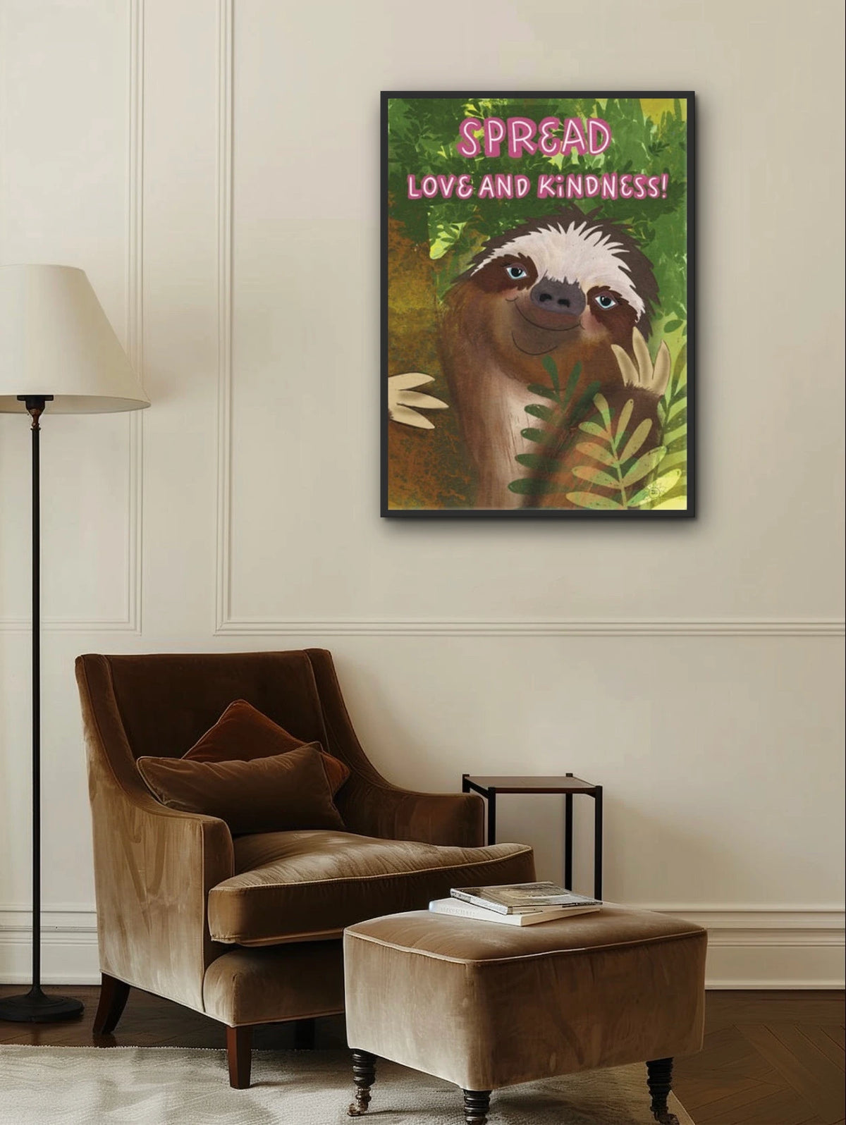 Dutton the Whimsical Sloth - extra large 36 x 48 framed art print shown hanging on a wall