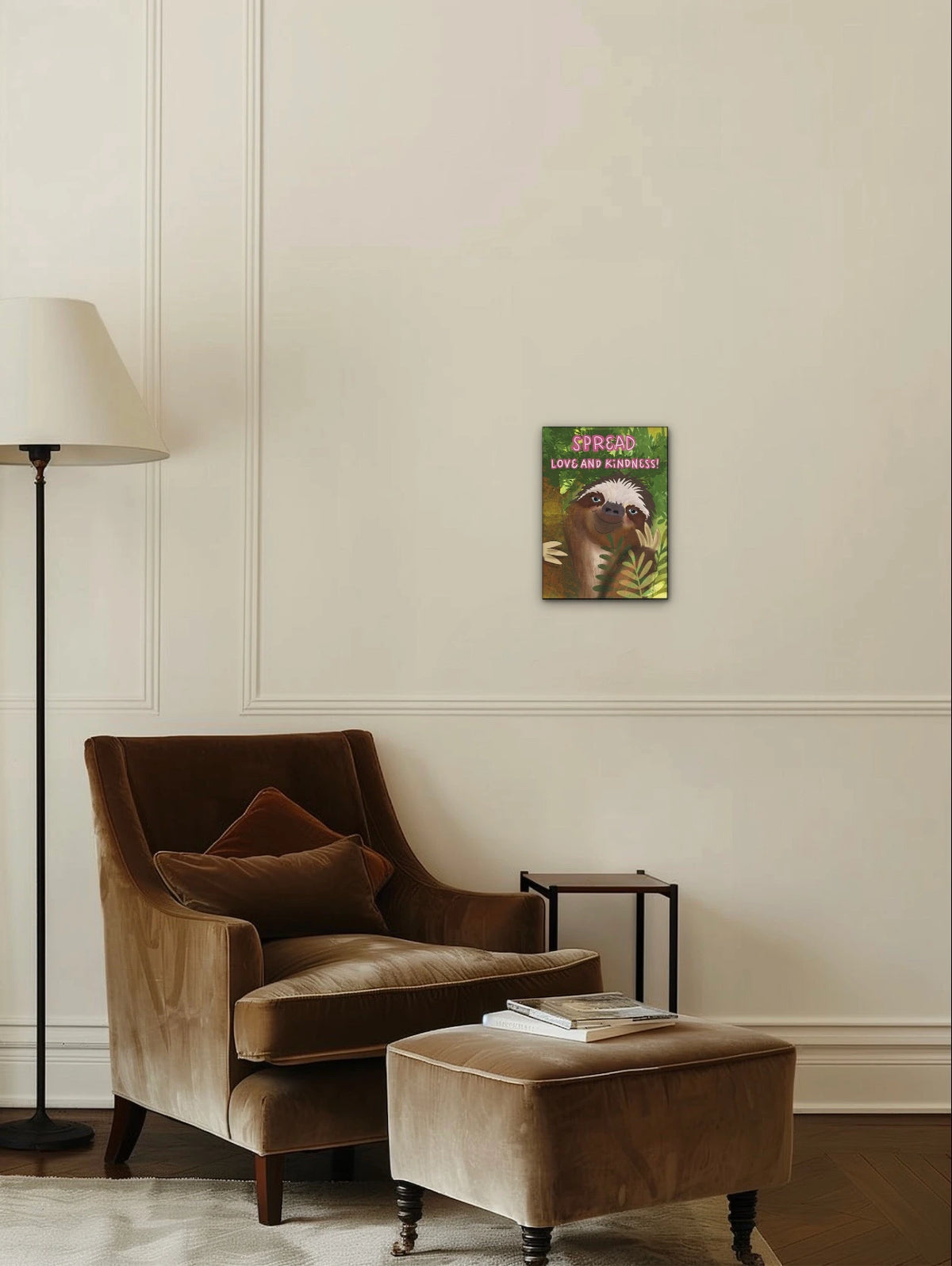 Dutton the Whimsical Sloth - medium 12 x 16 unframed art print shown hanging on a wall