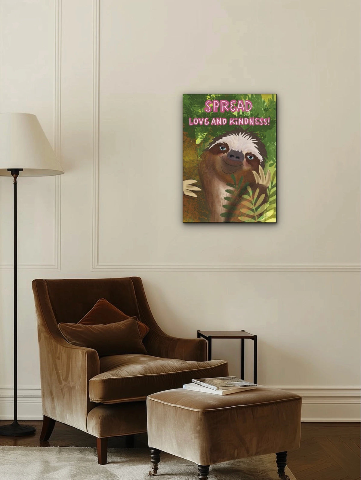 Dutton the Whimsical Sloth - large 24 x 36 unframed art print shown hanging on a wall