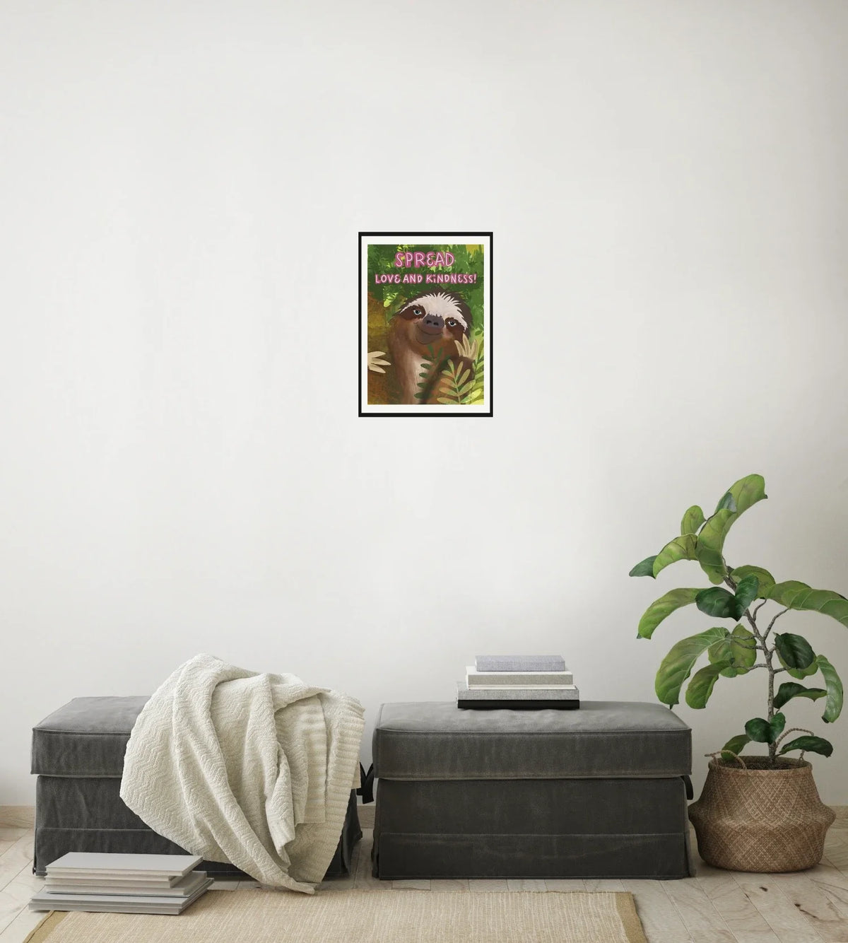 Dutton the Whimsical Sloth - medium 12 x 16 matted and framed art print shown hanging on a wall