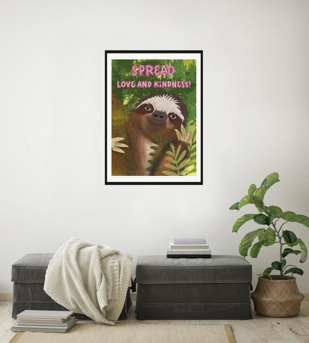 Dutton the Whimsical Sloth - large 24 x 36 matted and framed art print shown hanging on a wall