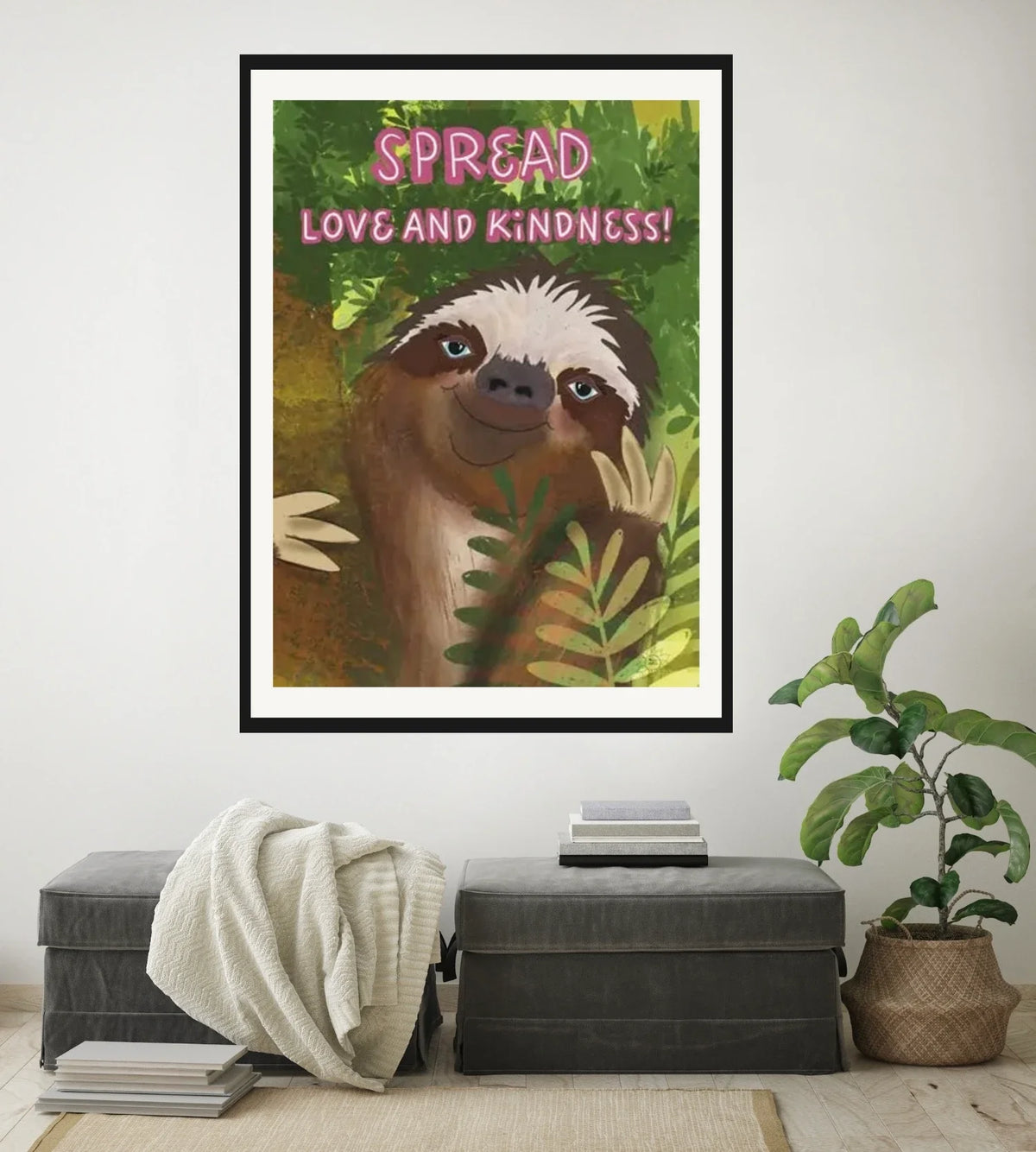 Dutton the Whimsical Sloth - extra large 36 x 48 matted and framed art print shown hanging on a wall