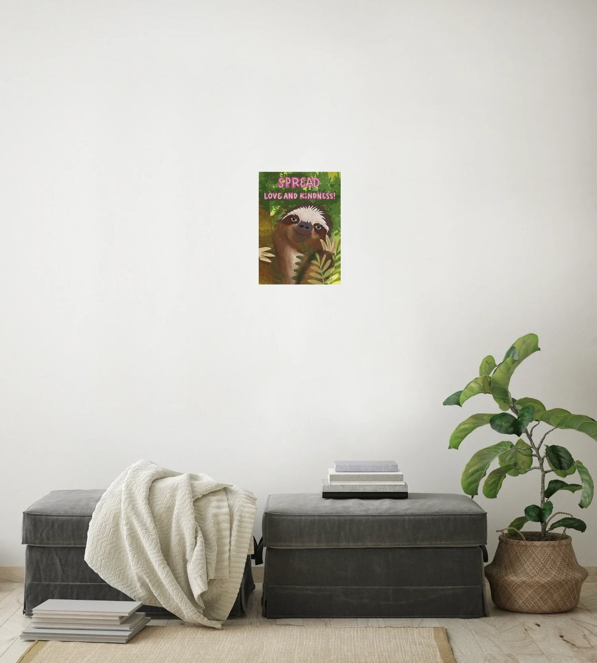 Dutton the Whimsical Sloth - medium 12 x 16 unframed art print shown hanging on a wall