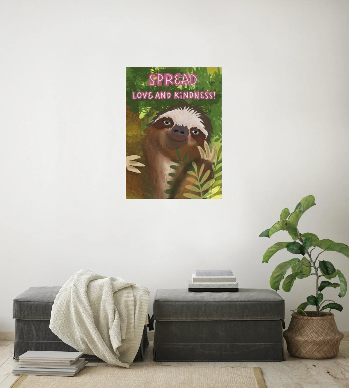Dutton the Whimsical Sloth - large 24 x 36 unframed art print shown hanging on a wall