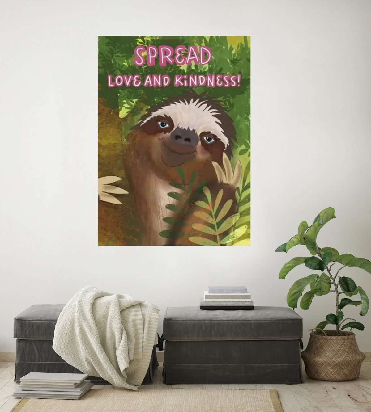 Dutton the Whimsical Sloth - extra large 36 x 48 unframed art print shown hanging on a wall
