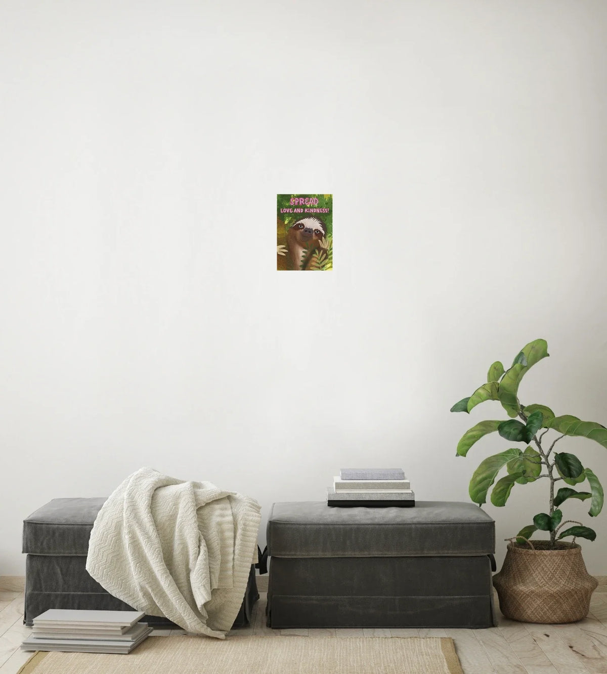 Dutton the Whimsical Sloth - small 8 x 10 unframed art print shown hanging on a wall