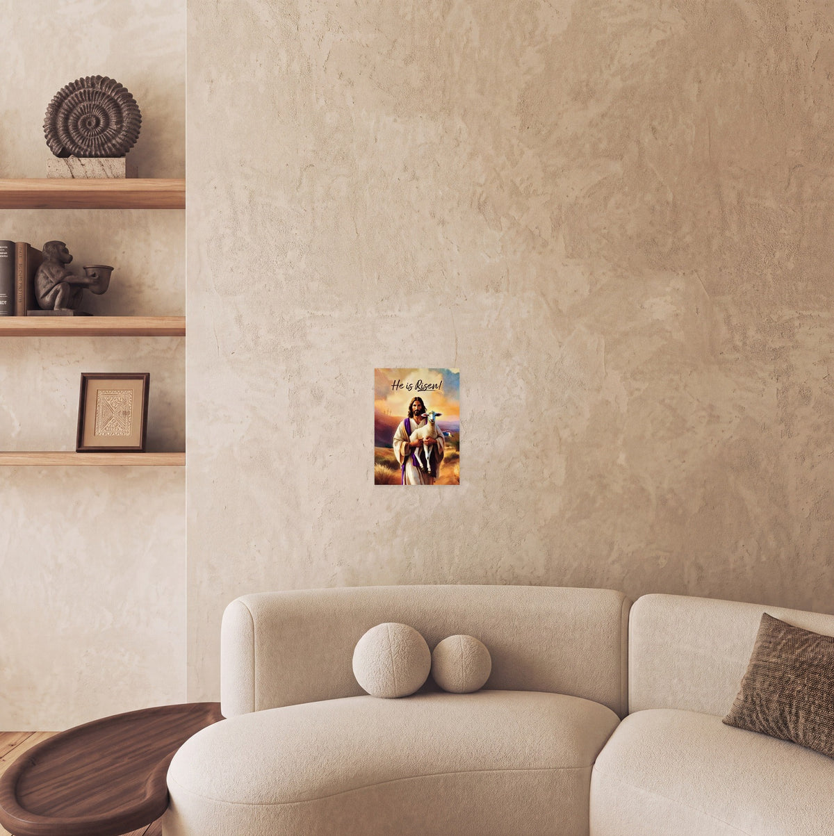 This is a medium 12 x 16 unframed watercolor art print of the risen Christ carrying a lamb before three crosses on the hillside, lettered He is Risen. Created by professional artists, this high-quality watercolor print on textured matte paper adds a touch of character to any home or office decor.