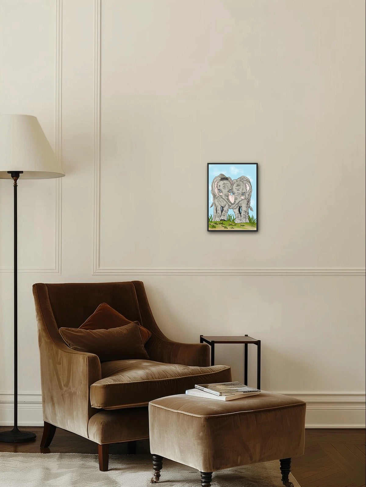 Elephant Love - medium 12 x 16 framed art print shown hanging on a wall