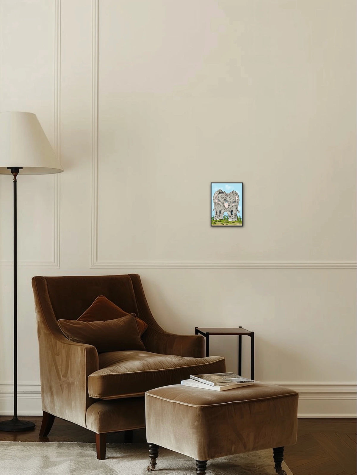 Elephant Love - small 8 x 10 framed art print shown hanging on a wall