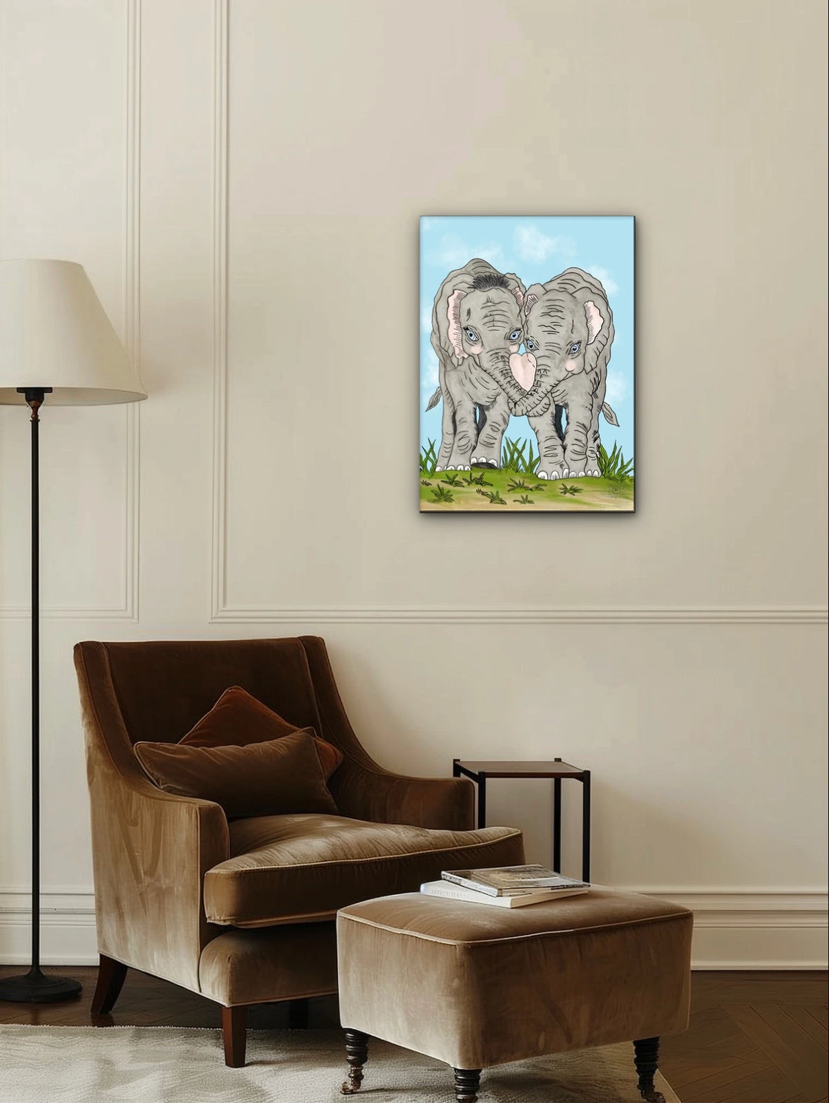 Elephant Love - large 24 x 36 unframed art print shown hanging on a wall