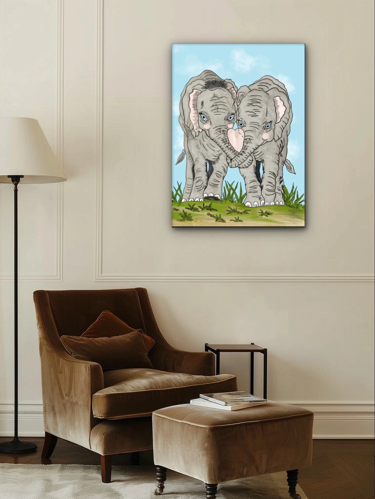 Elephant Love - extra large 36 x 48 unframed art print shown hanging on a wall