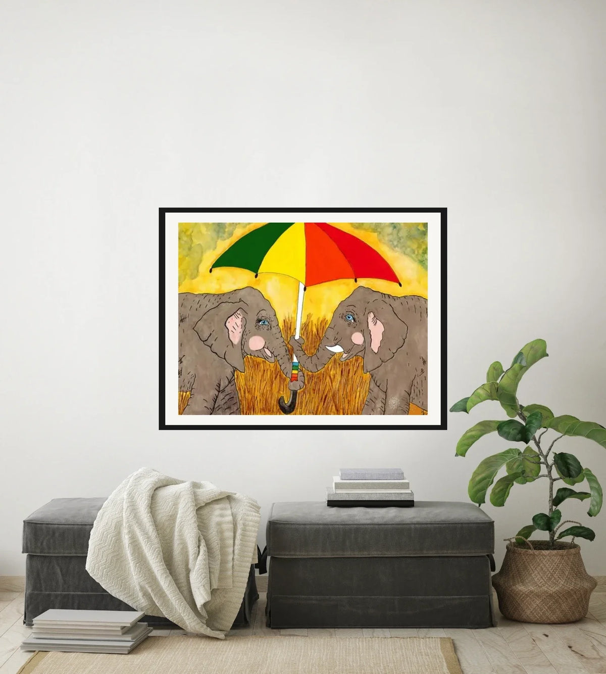 Elephant with Umbrella - large 24 x 36 matted and framed art print shown hanging on a wall