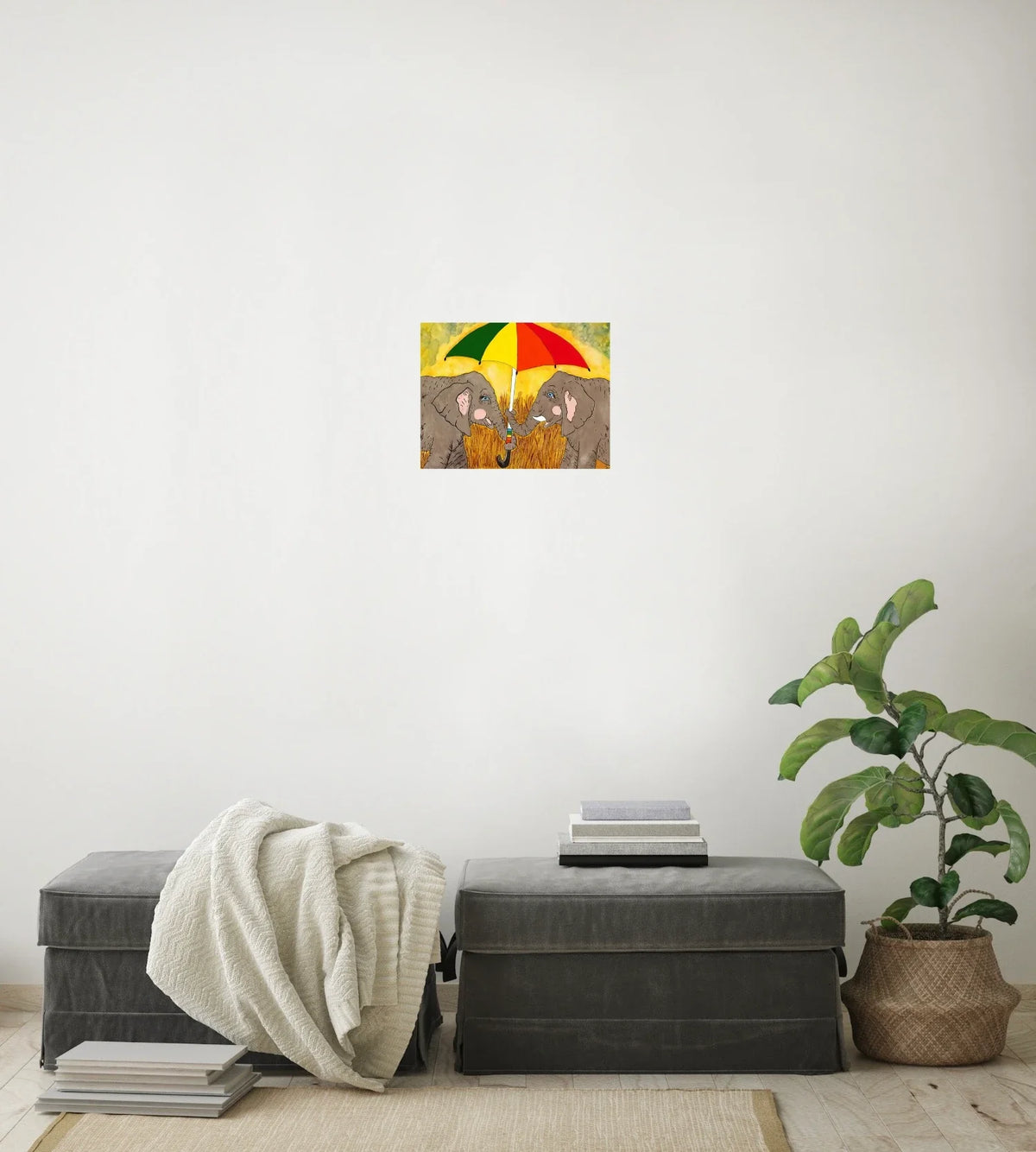 Elephant with Umbrella - medium 12 x 16 unframed art print shown hanging on a wall