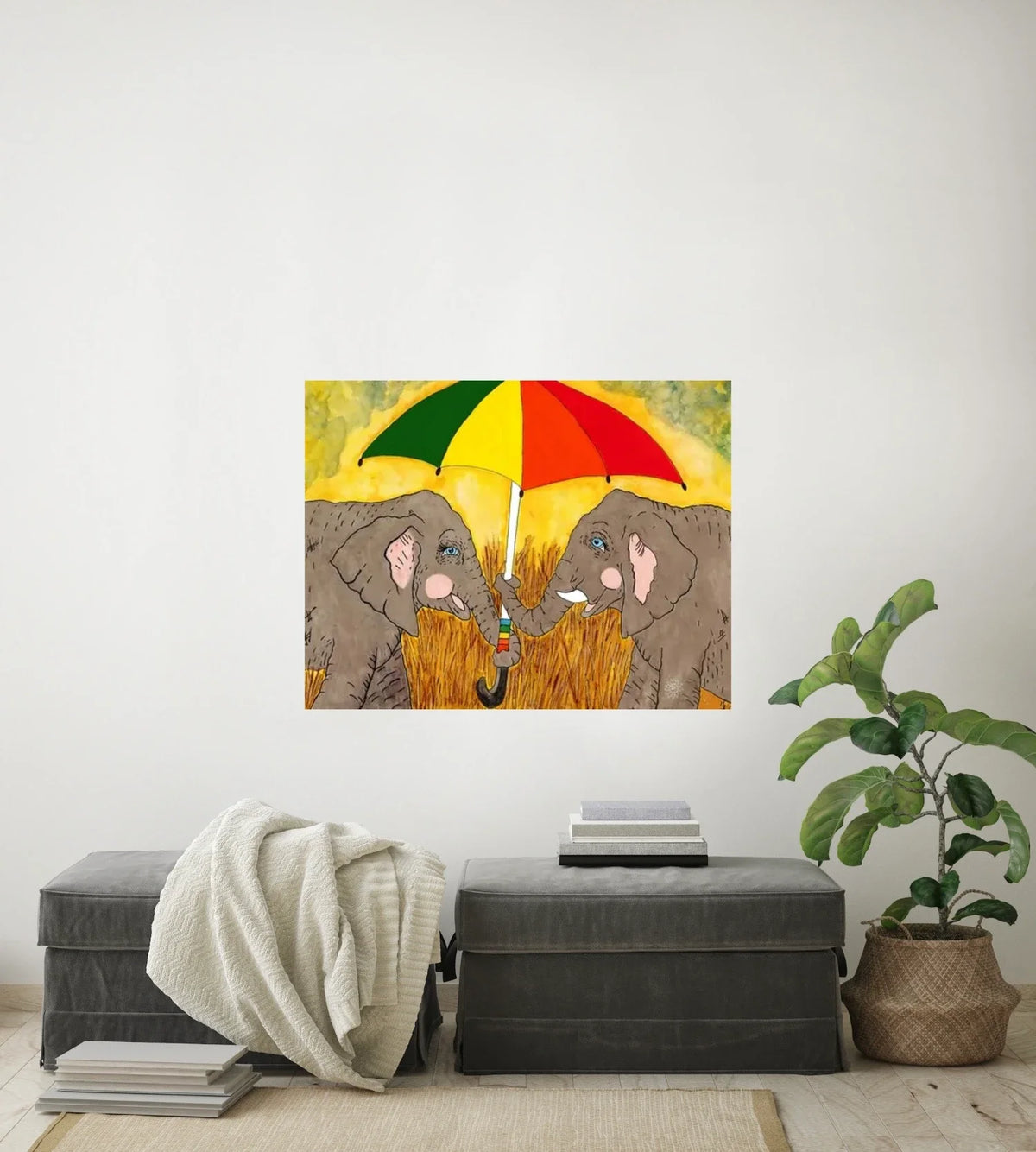 Elephant with Umbrella - large 24 x 36 unframed art print shown hanging on a wall