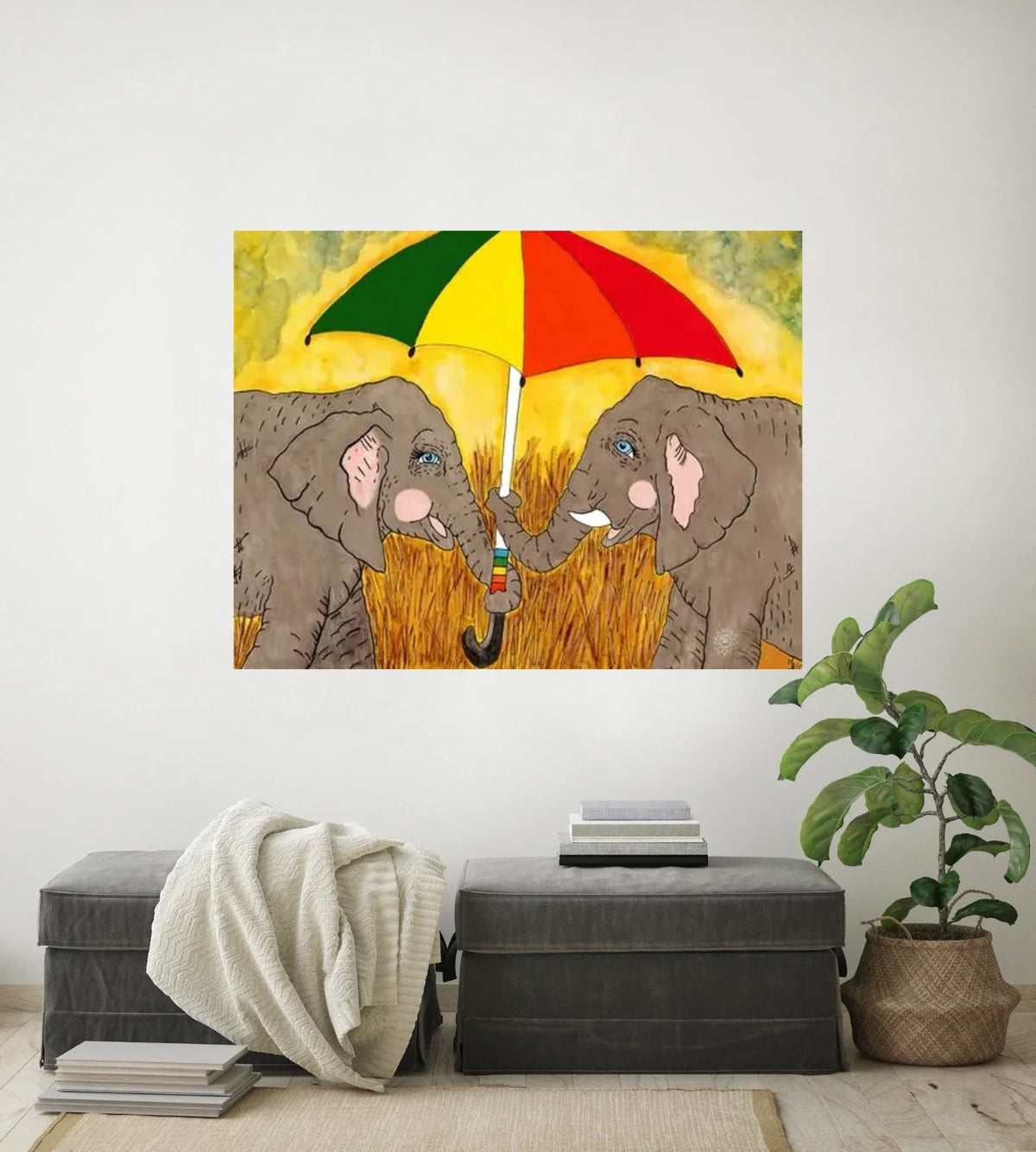 Elephant with Umbrella - extra large 36 x 48 unframed art print shown hanging on a wall