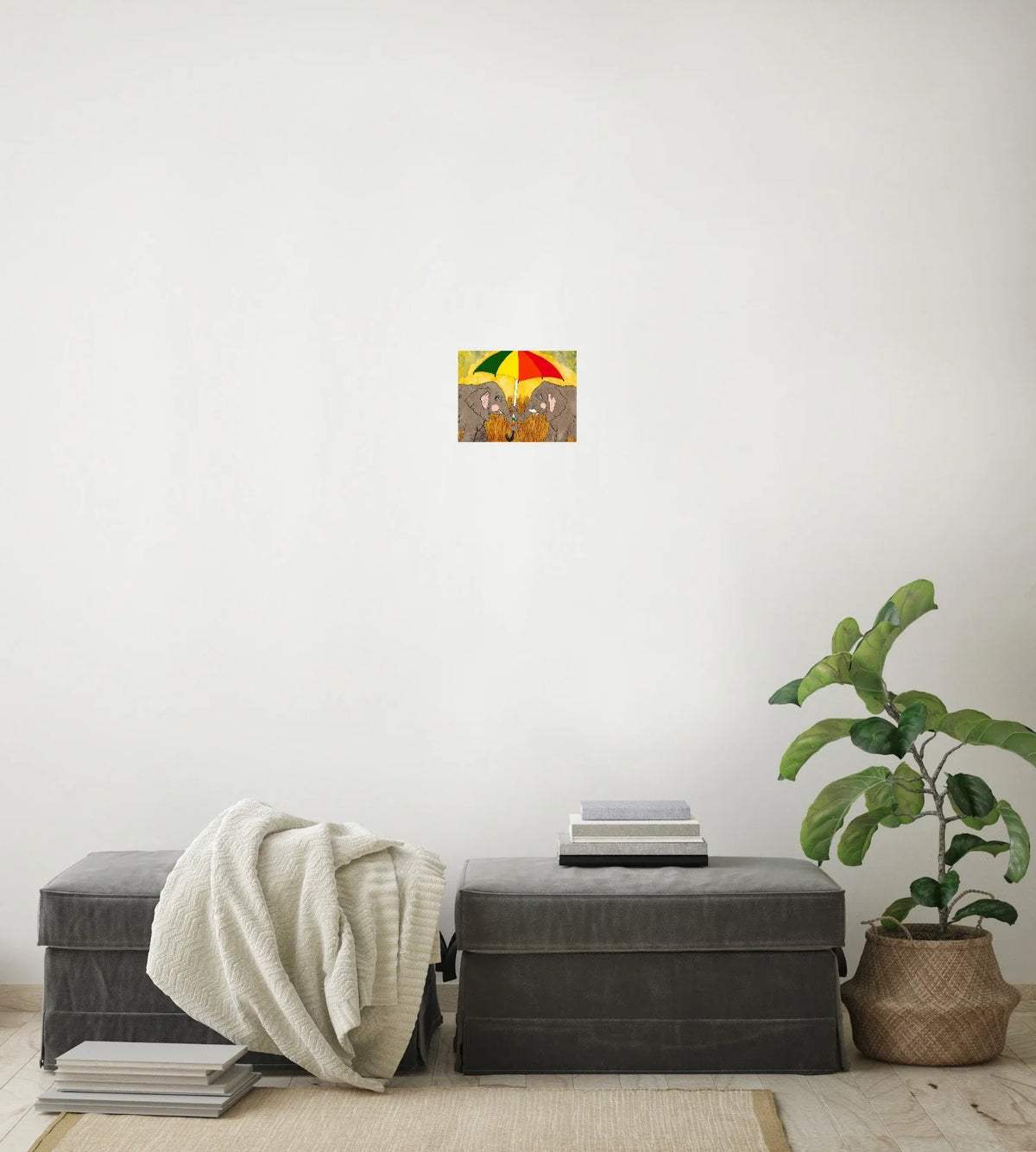 Elephant with Umbrella - small 8 x 10 unframed art print shown hanging on a wall