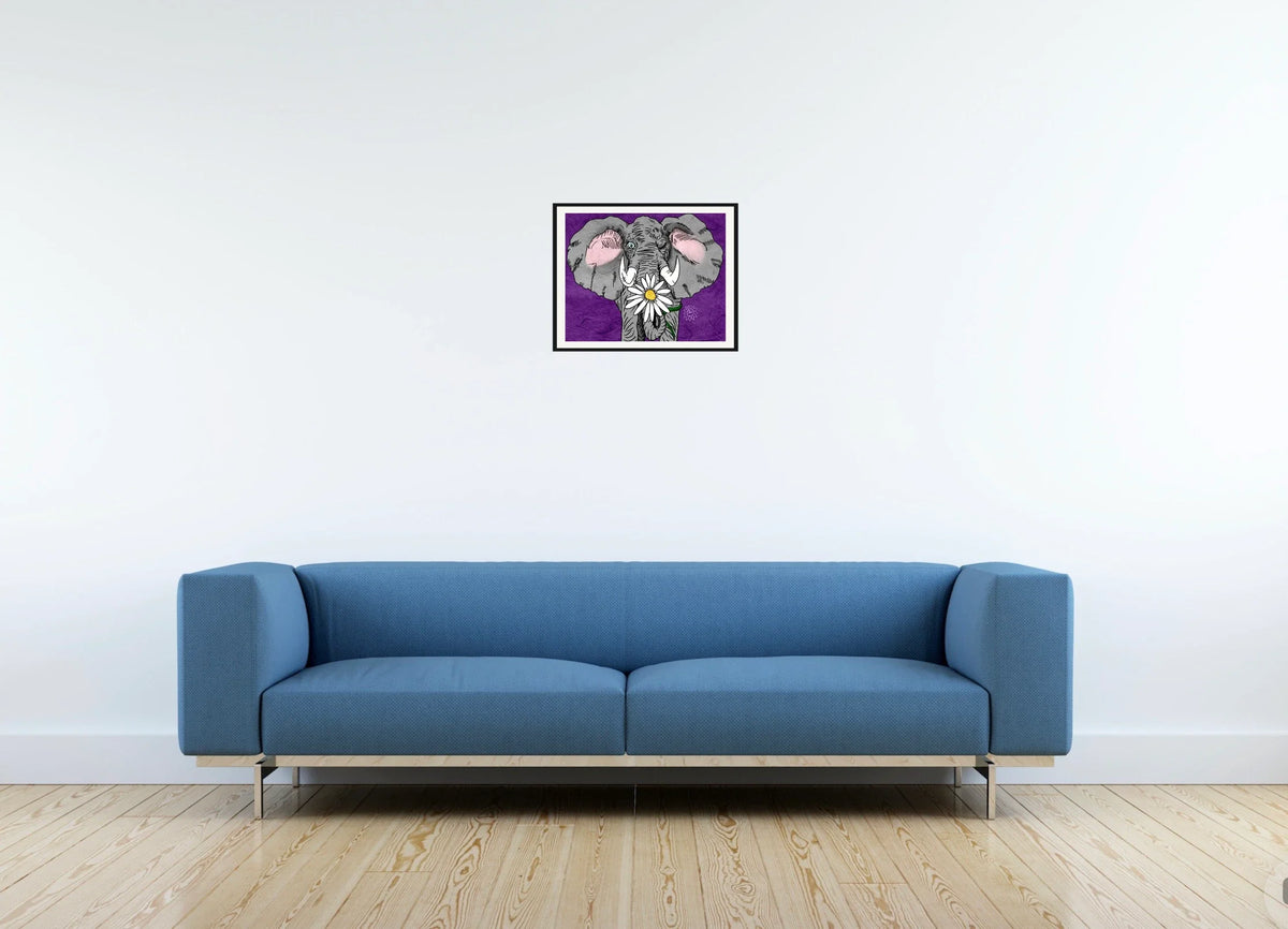 Eli Elephant - medium 12 x 16 matted and framed art print shown hanging on a wall