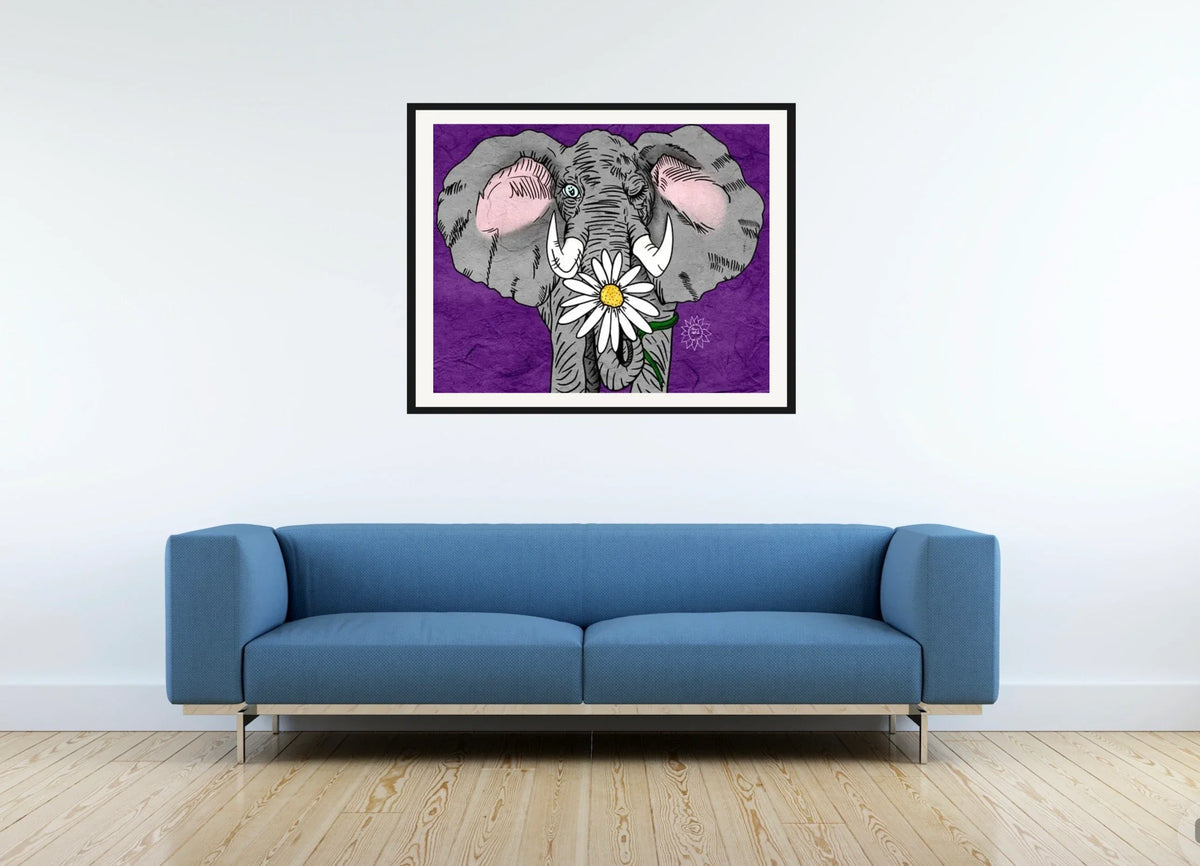 Eli Elephant - large 24 x 36 matted and framed art print shown hanging on a wall