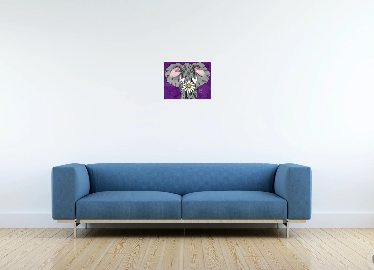 Eli Elephant - medium 12 x 16 unframed art print shown hanging on a wall
