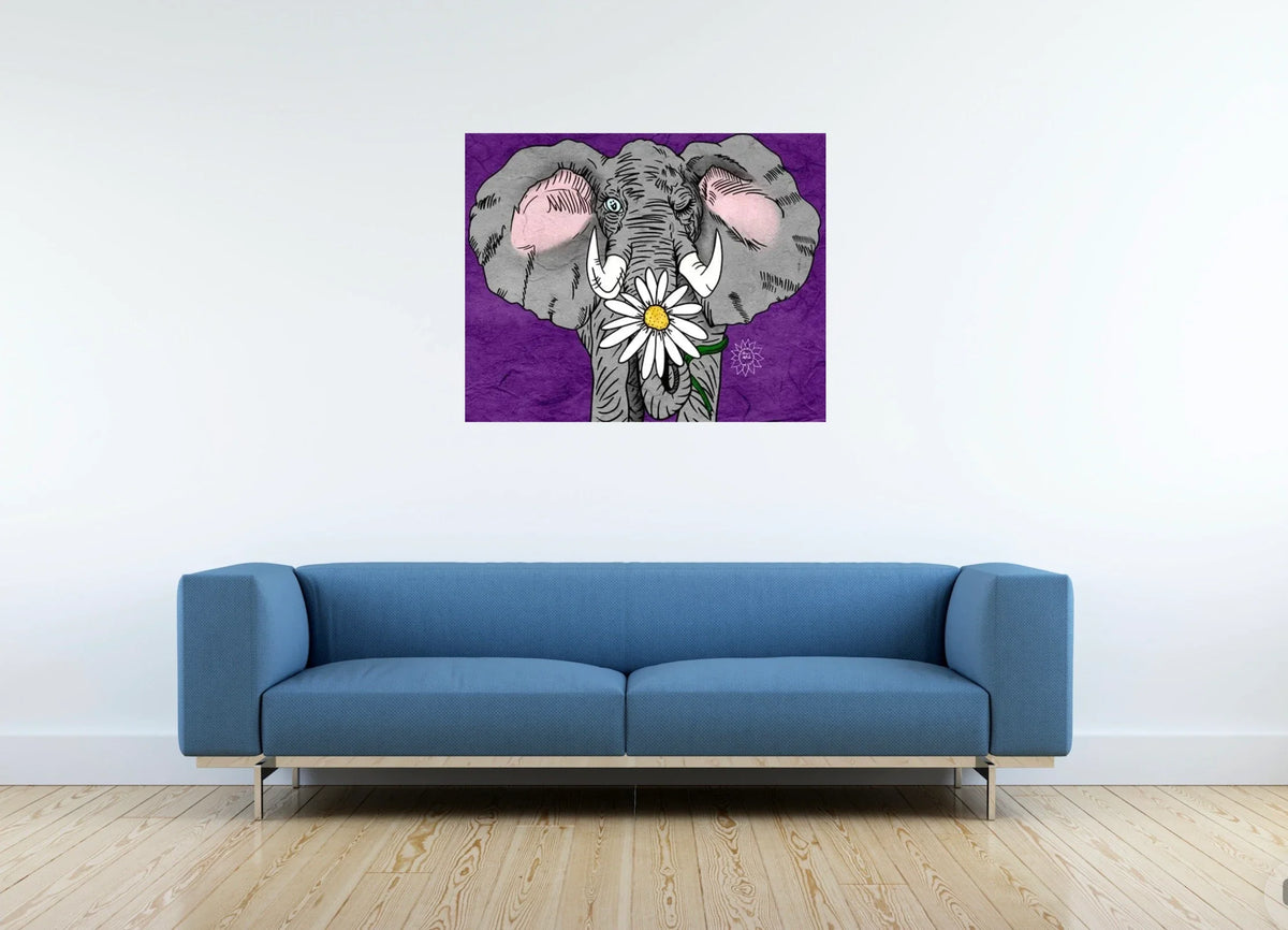 Eli Elephant - large 24 x 36 unframed art print shown hanging on a wall