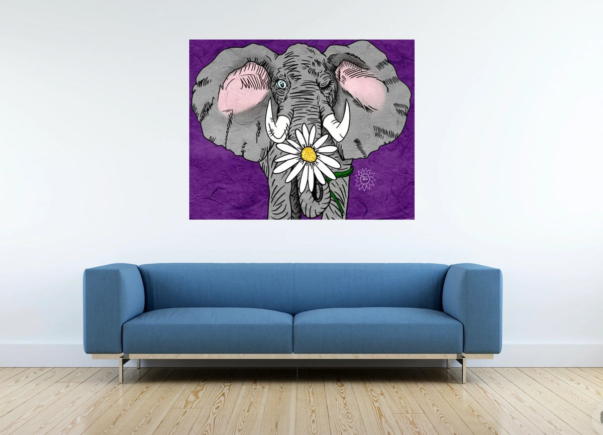 Eli Elephant - extra large 36 x 48 unframed art print shown hanging on a wall