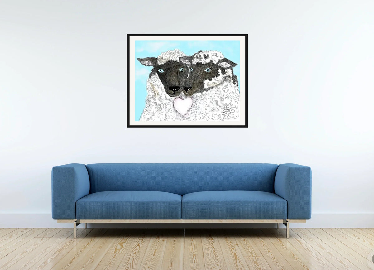 Ewe Luv - large 24 x 36 matted and framed art print shown hanging on a wall