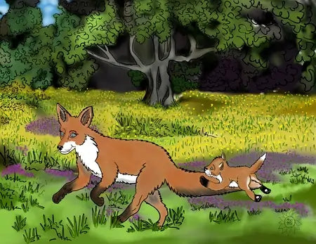 A watercolor painting of two foxes playing in a sunlit meadow.