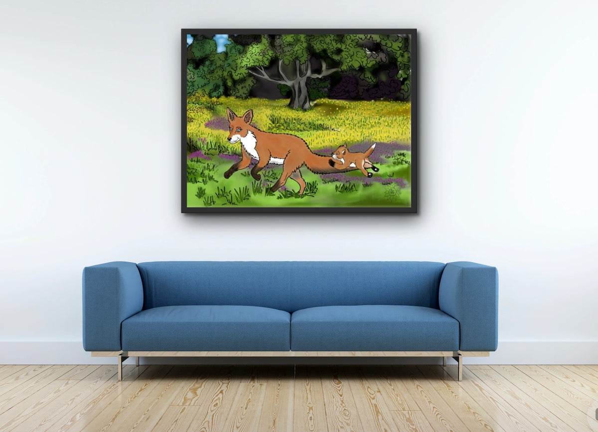 Fairen and Jamie Fox - extra large 36 x 48 framed art print shown hanging on a wall