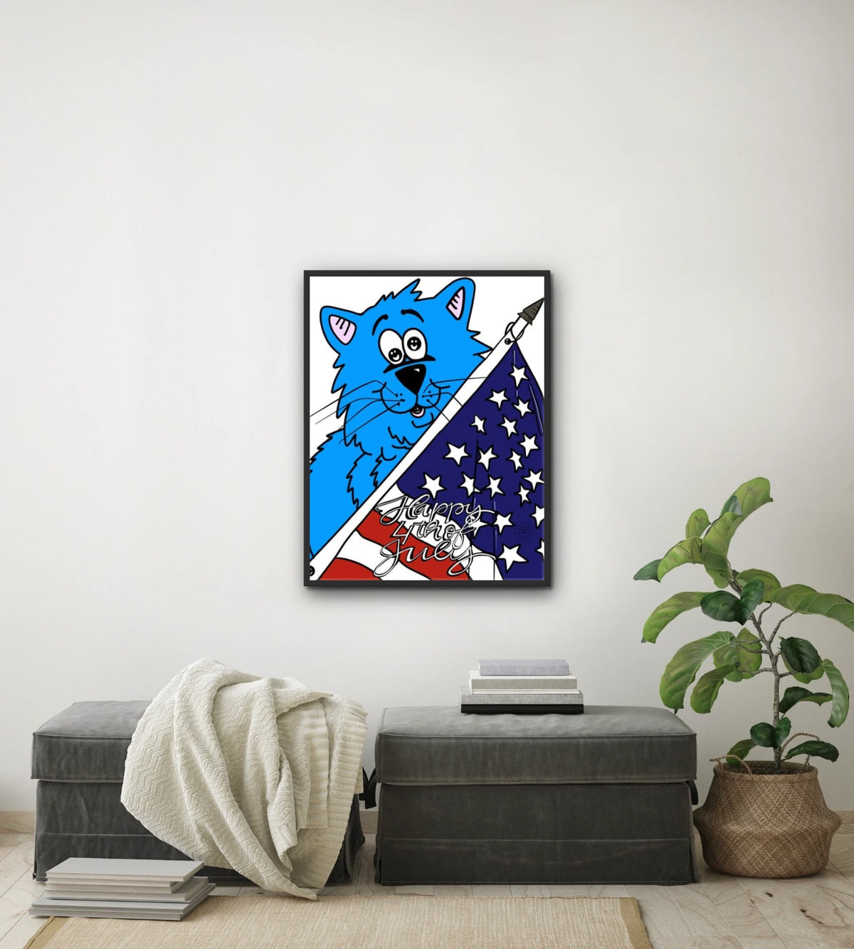 Fat Cat - 4th of July - large 24 x 36 framed art print shown hanging on a wall
