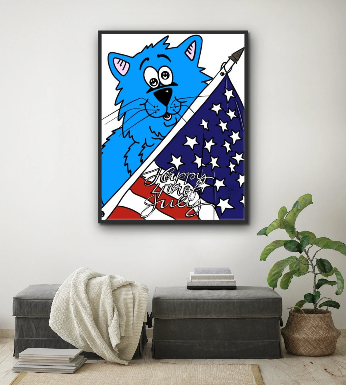 Fat Cat - 4th of July - extra large 36 x 48 framed art print shown hanging on a wall