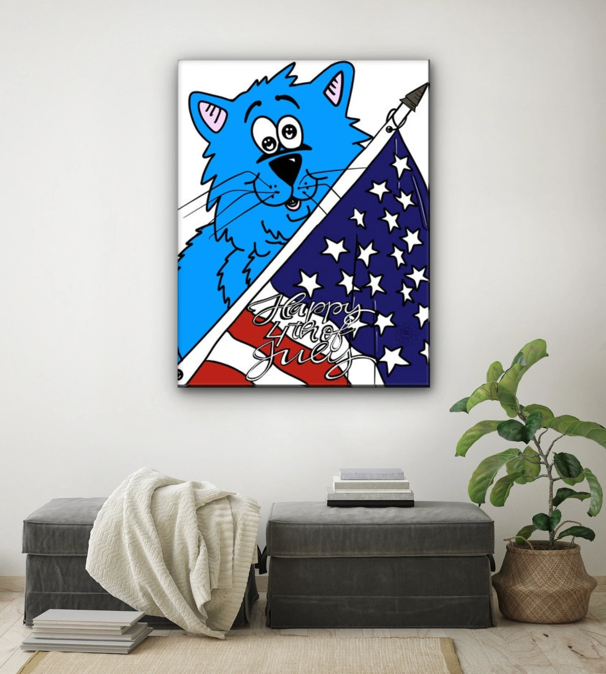 Fat Cat - 4th of July - extra large 36 x 48 unframed art print shown hanging on a wall