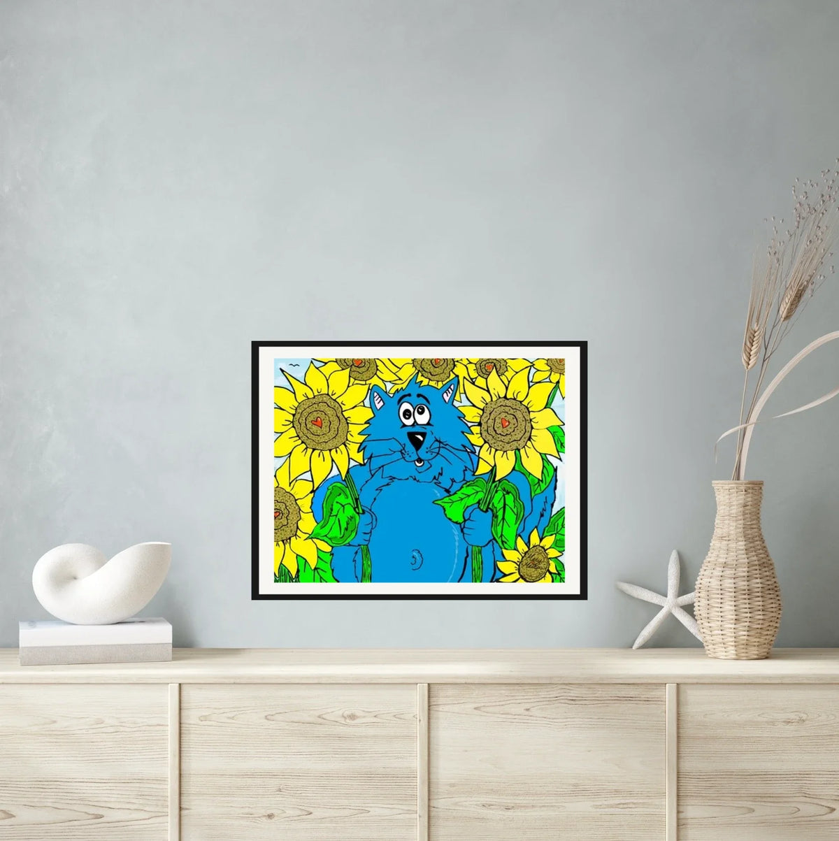 Fat Cat Among Sunflowers - large 24 x 36 matted and framed art print shown hanging on a wall