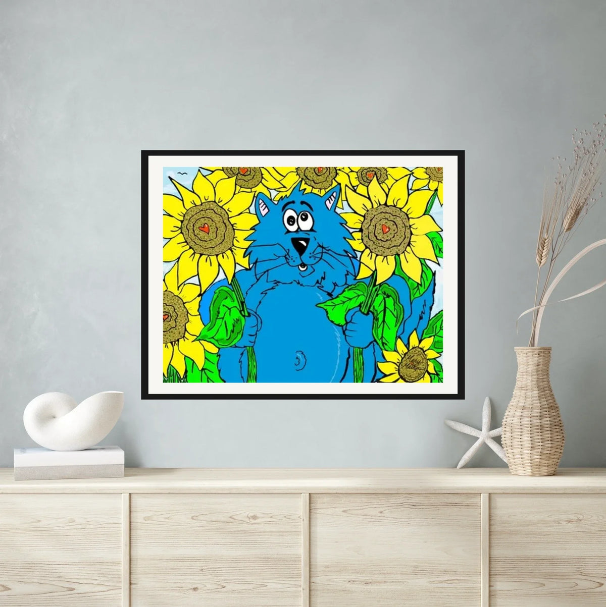 Fat Cat Among Sunflowers - extra large 36 x 48 matted and framed art print shown hanging on a wall