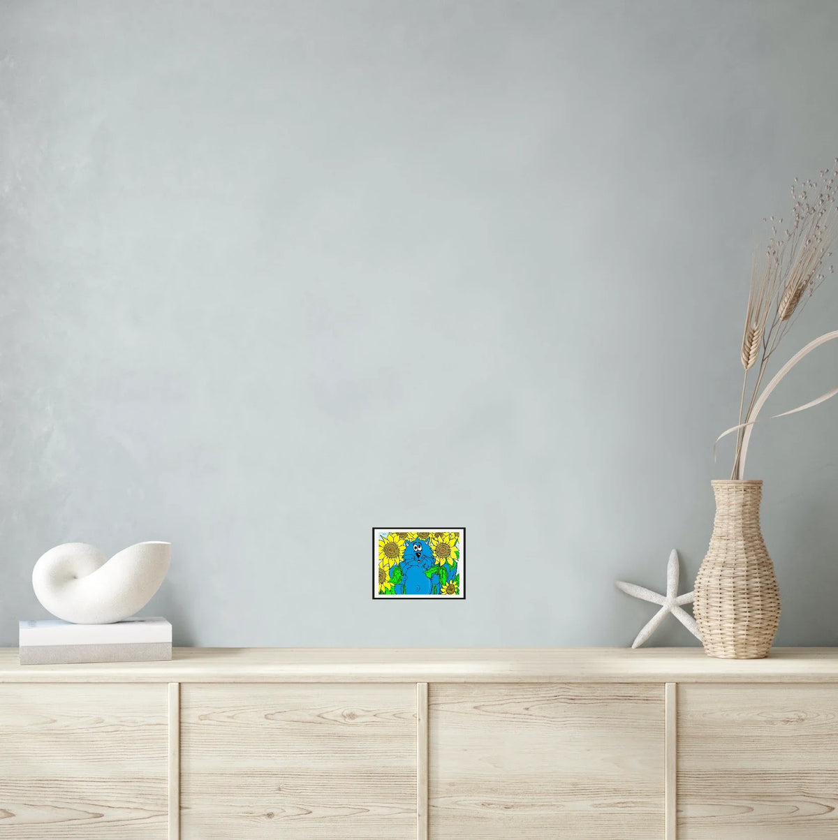 Fat Cat Among Sunflowers - small 8 x 10 matted and framed art print shown hanging on a wall