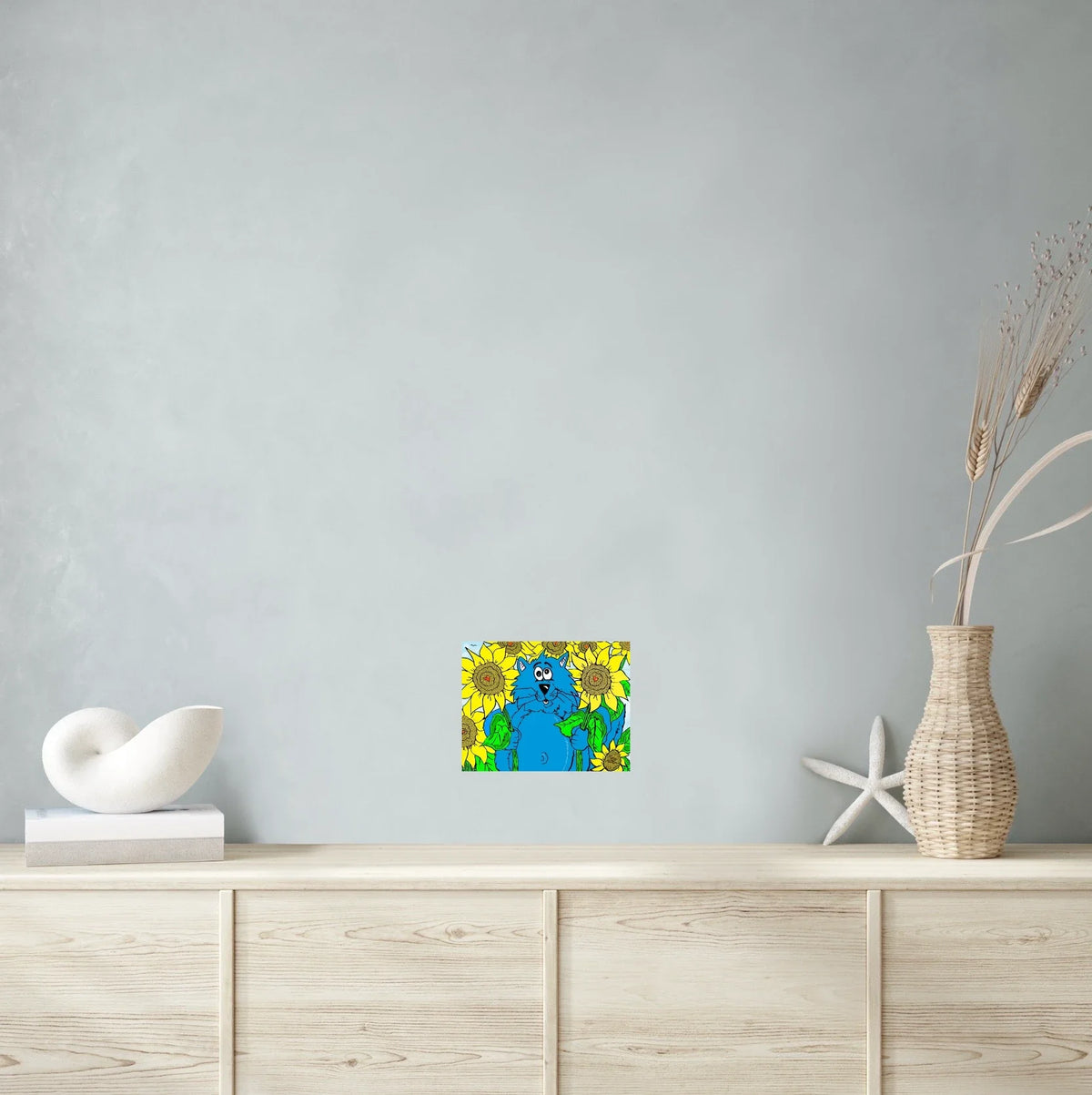 Fat Cat Among Sunflowers - medium 12 x 16 unframed art print shown hanging on a wall