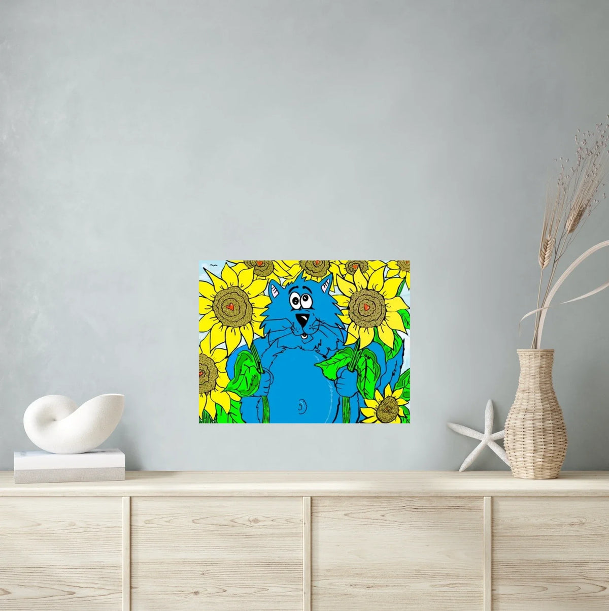 Fat Cat Among Sunflowers - large 24 x 36 unframed art print shown hanging on a wall