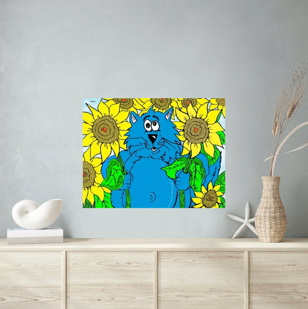 Fat Cat Among Sunflowers - extra large 36 x 48 unframed art print shown hanging on a wall