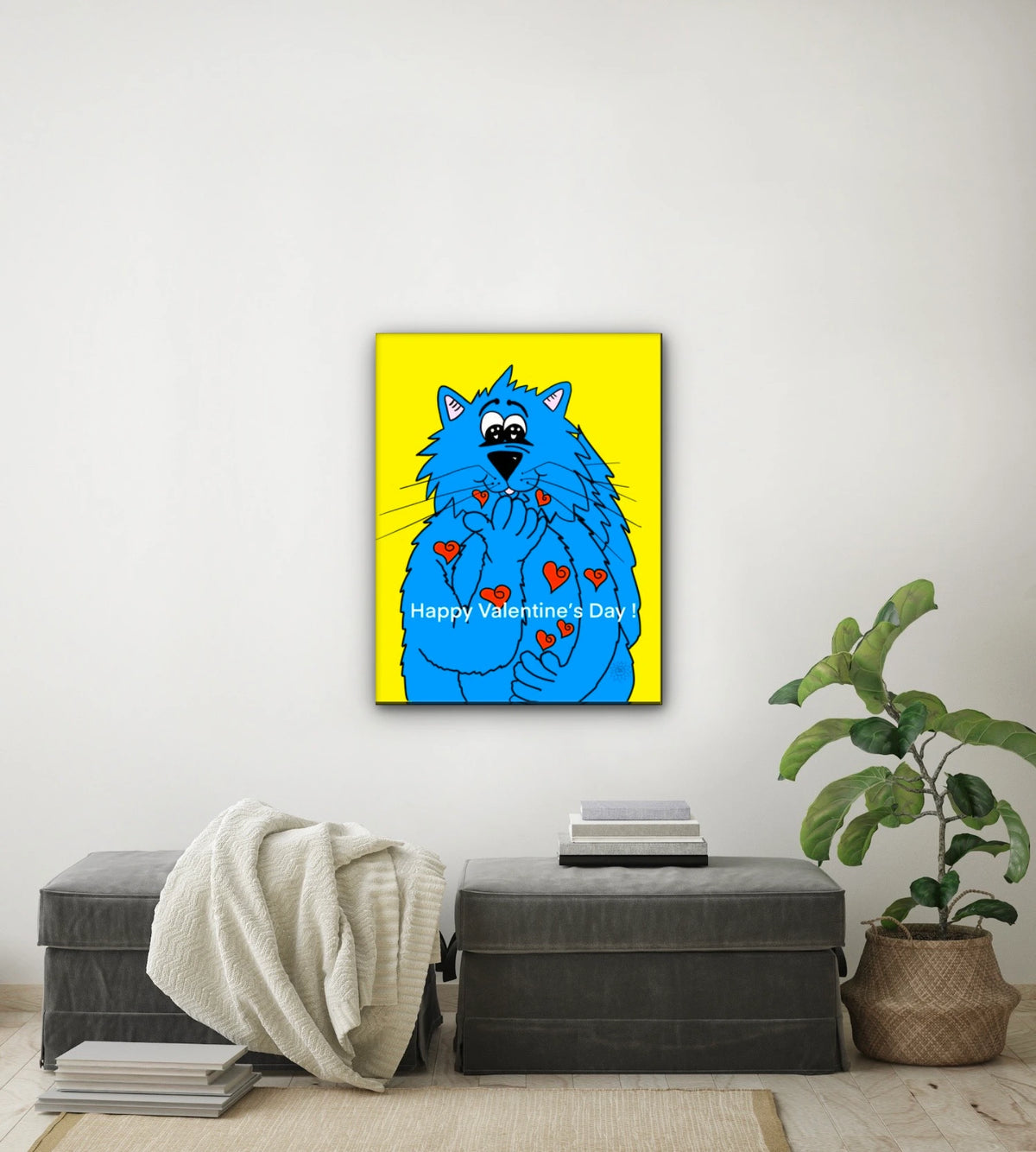 Fat Cat Blowing Kisses - large 24 x 36 unframed art print shown hanging on a wall