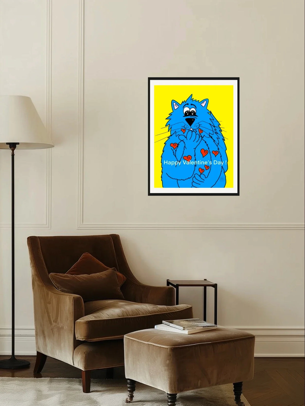 Fat Cat Blowing Kisses - large 24 x 36 matted and framed art print shown hanging on a wall