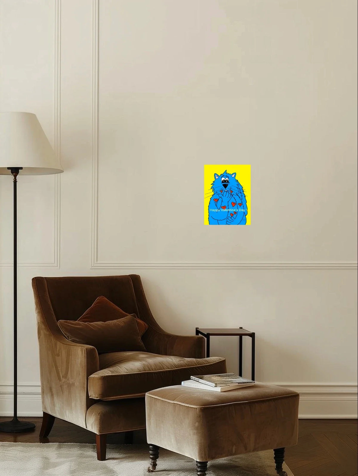 Fat Cat Blowing Kisses - medium 12 x 16 unframed art print shown hanging on a wall