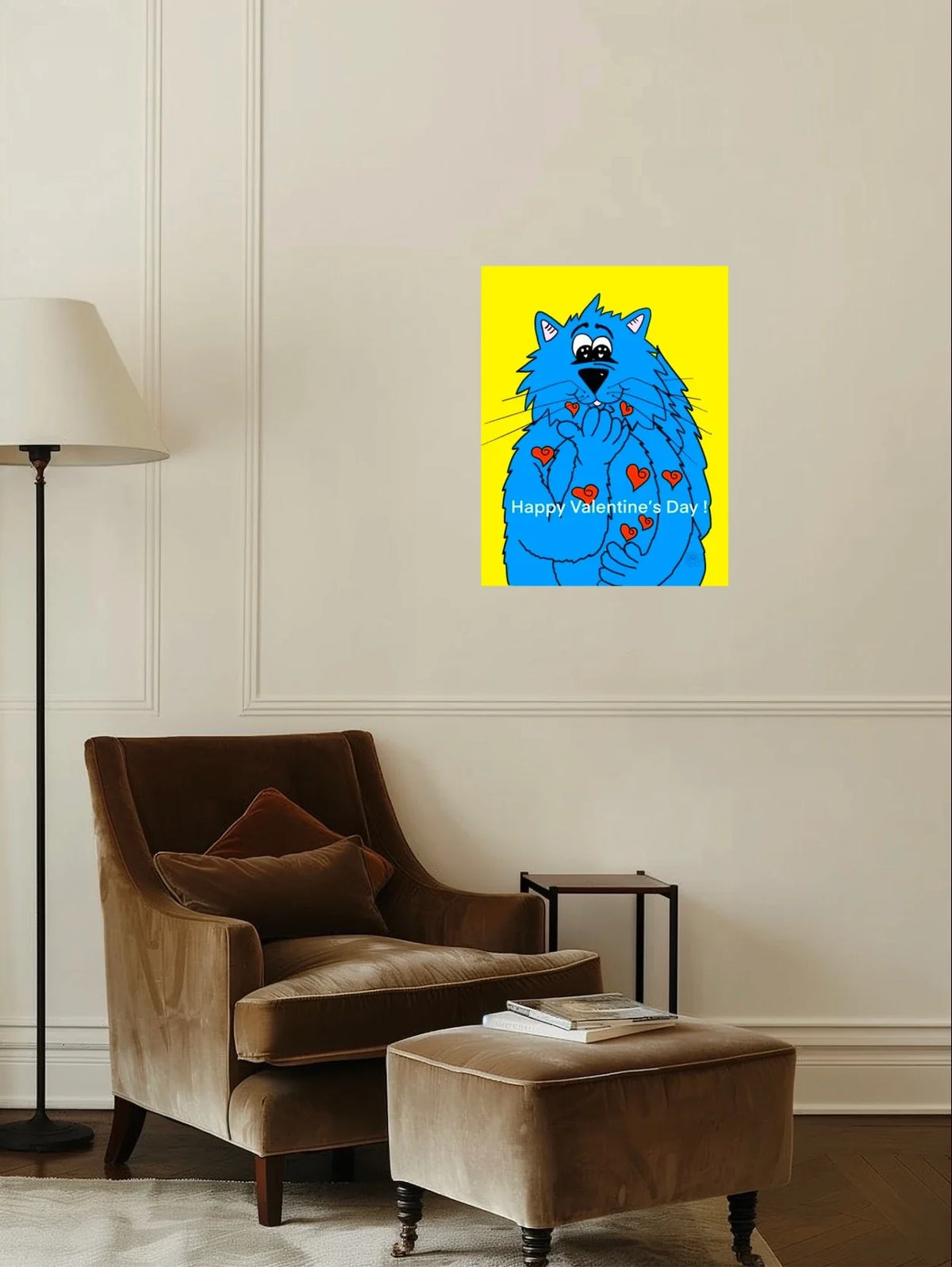 Fat Cat Blowing Kisses - large 24 x 36 unframed art print shown hanging on a wall