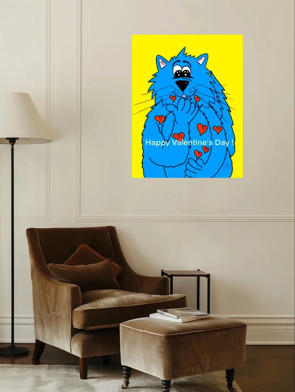Fat Cat Blowing Kisses - extra large 36 x 48 unframed art print shown hanging on a wall