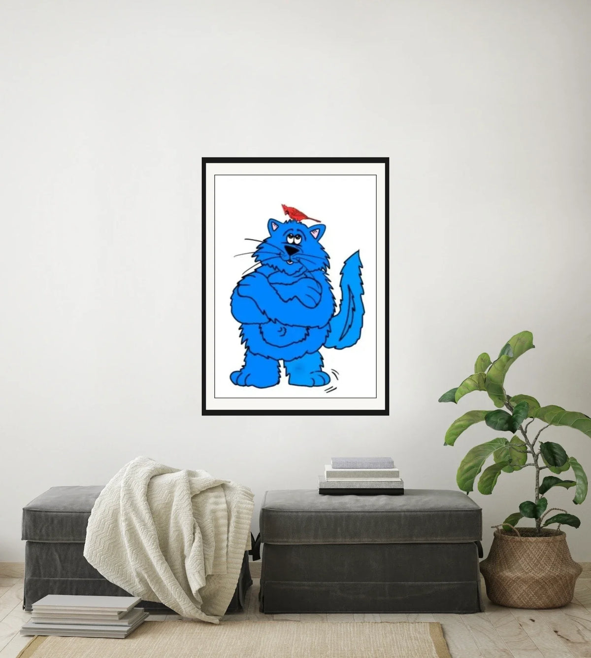 Fat Cat Cardinal - large 24 x 36 matted and framed art print shown hanging on a wall