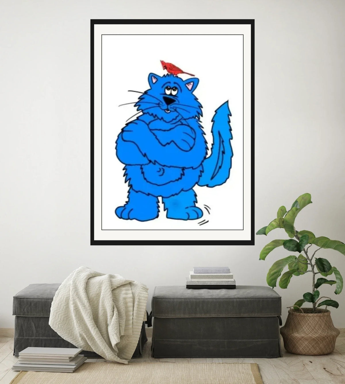 Fat Cat Cardinal - extra large 36 x 48 matted and framed art print shown hanging on a wall