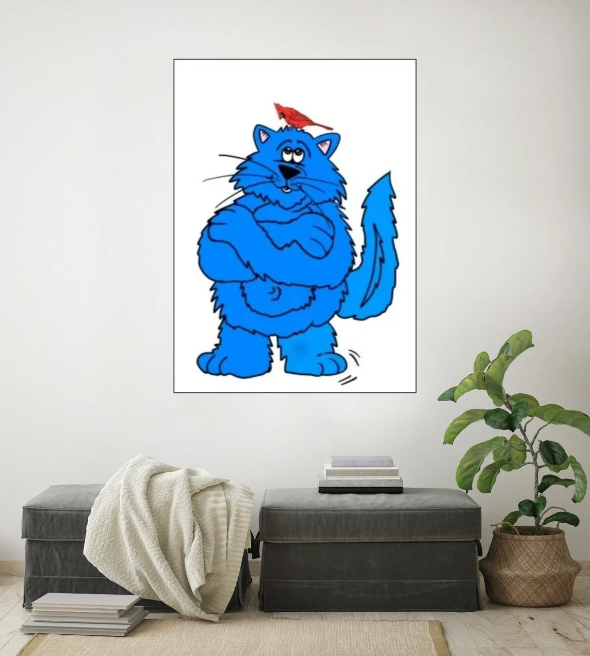 Fat Cat Cardinal - extra large 36 x 48 unframed art print shown hanging on a wall