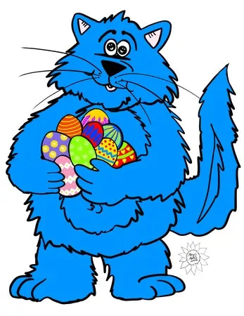 A watercolor painting of a blue cartoon cat holding a basket of decorated Easter eggs.