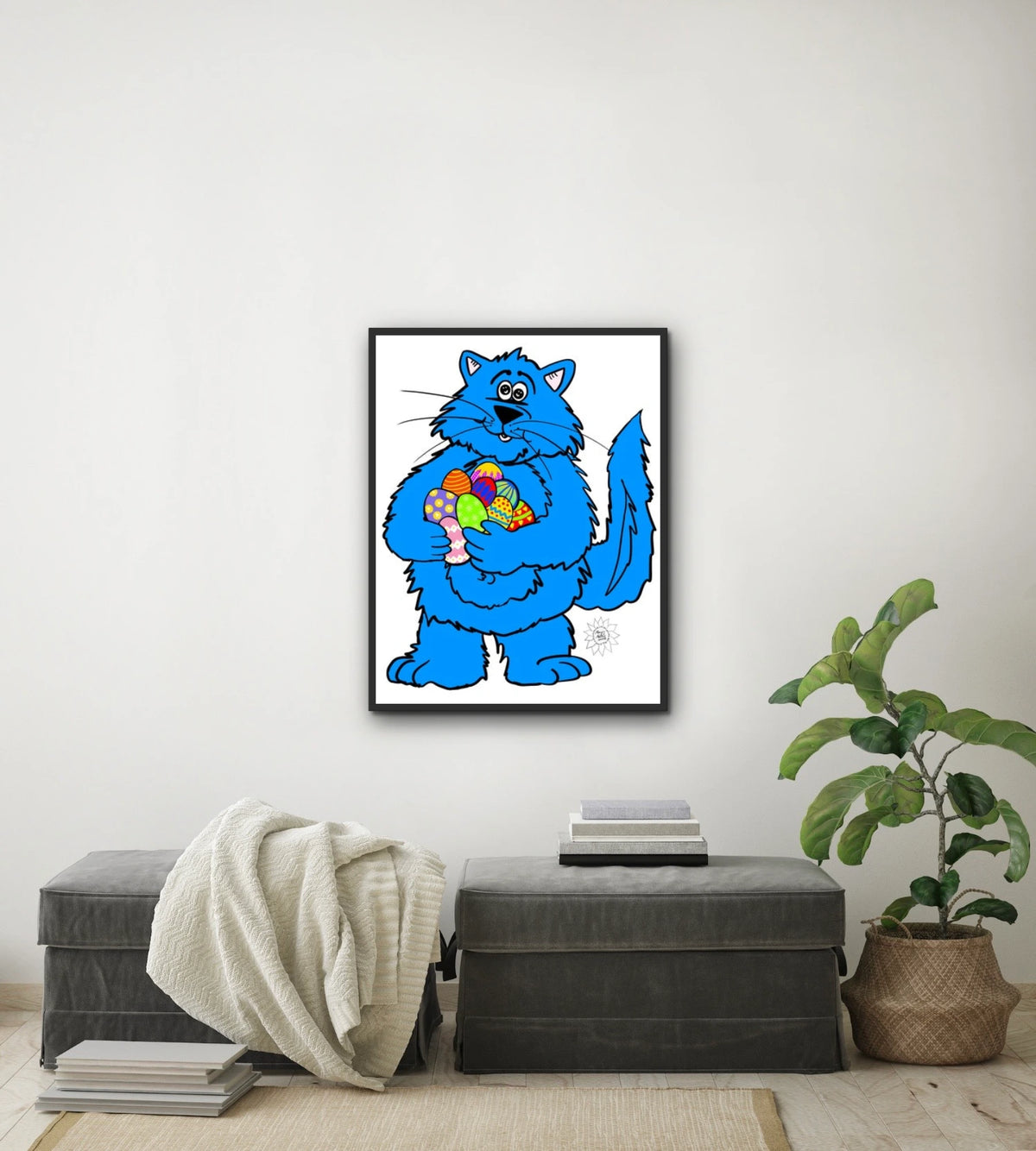 Fat Cat Easter - large 24 x 36 framed art print shown hanging on a wall