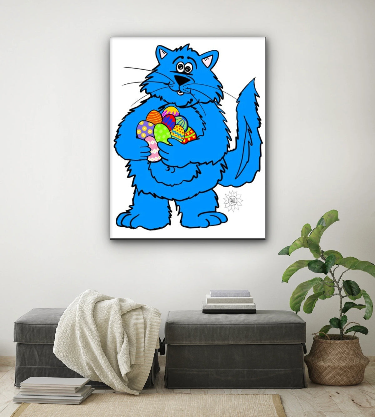 Fat Cat Easter - extra large 36 x 48 unframed art print shown hanging on a wall