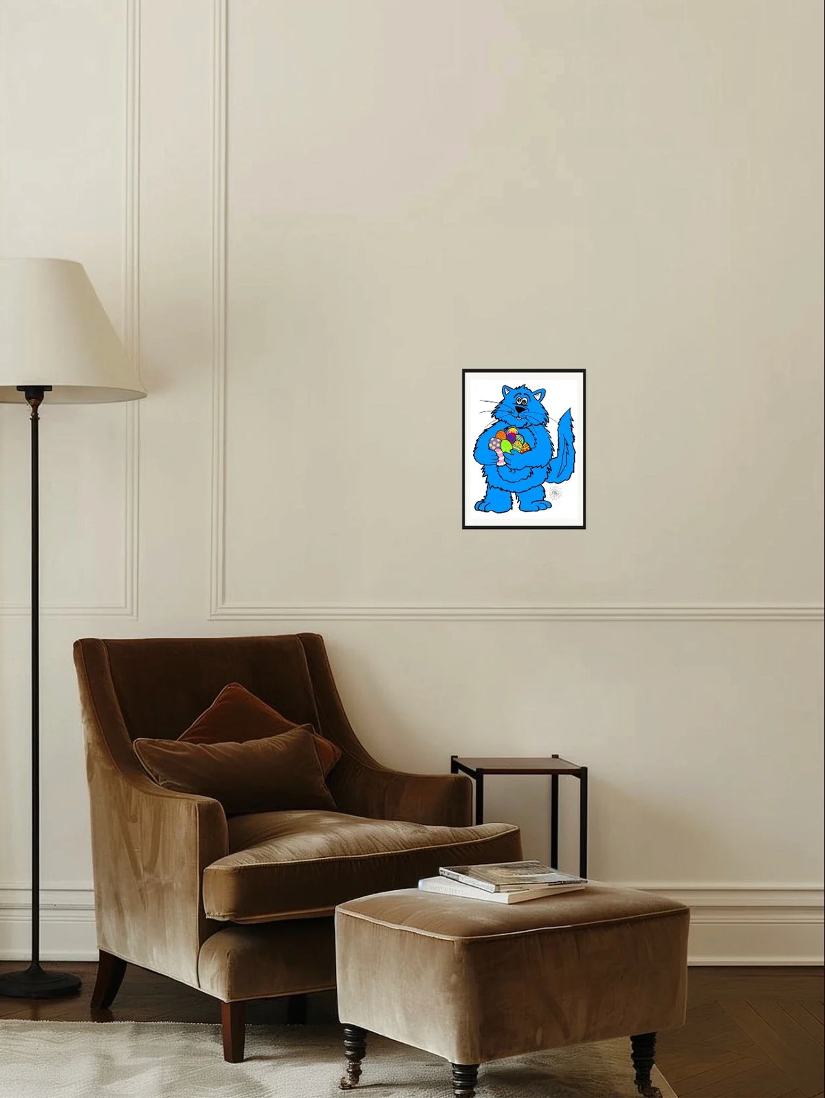 Fat Cat Easter - medium 12 x 16 matted and framed art print shown hanging on a wall